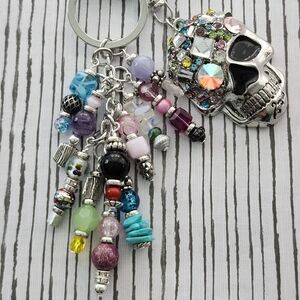 Sugar Skull Purse Charm or Keychain Handcrafted Glass Stone Rhinestones